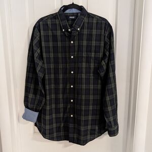 Izod Men's Flip Cuff Shirt LARGE‎ Plaid Preppy Button Down Lightweight Green